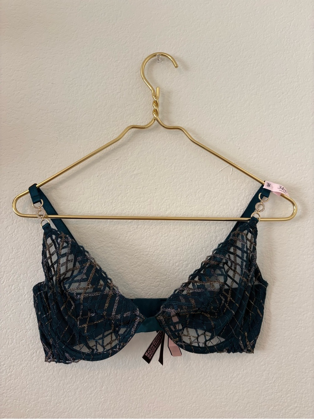 Victoria's Secret Teal Lace Underwire Bra with Gold Accents